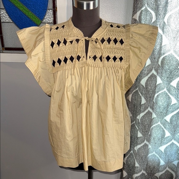 Sea New York Tops - Sea New York Phoebe Cotton Poplin Smocked Flutter Sleeve Top Lt Tan SZ Medium